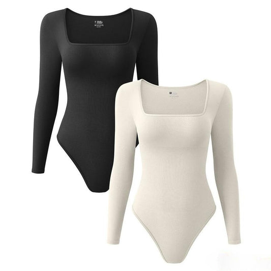 SHEVUE™ Womens 2 Piece Bodysuits Long Sleeve Square Neck Stretch Fitted Bodysuits Basic Outdoorfun