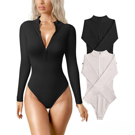 SHEVUE™ Women's 2 Piece Bodysuits Sexy Ribbed One Piece Zip Front Long Sleeve Tops Bodysuits Outdoorfun
